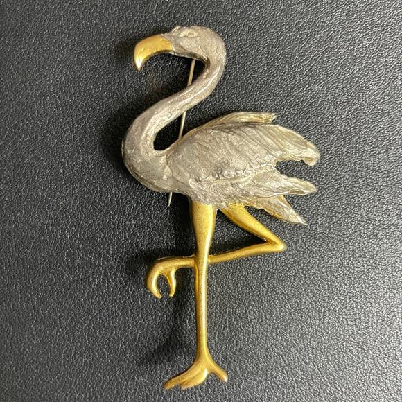 Flamingo Metal Brooch Pin gold tone and silver tone 3.25"‎ - Picture 1 of 5